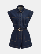 Epaulet Belted Denim Romper with Sleeveless Design