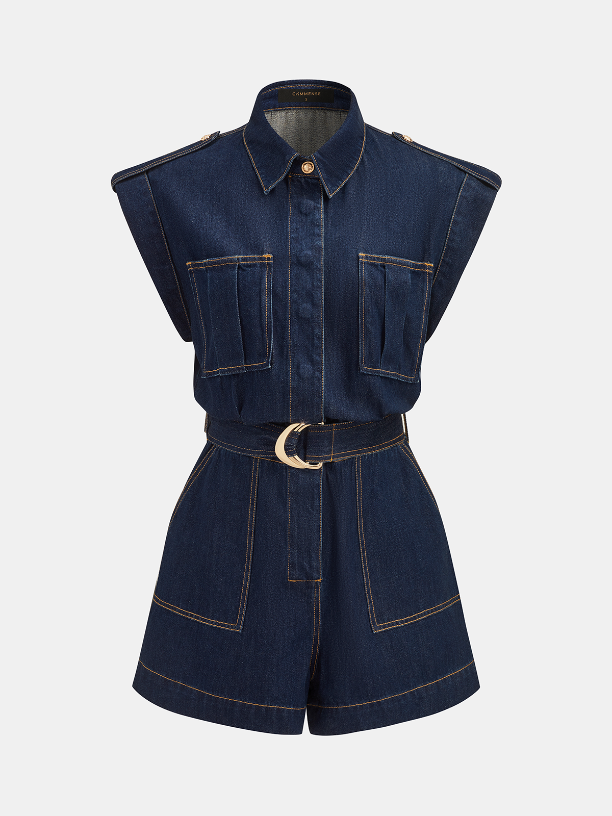 Epaulet Belted Denim Romper with Sleeveless Design