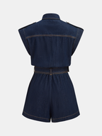 Belted Denim Romper with Epaulet Details Sleeveless