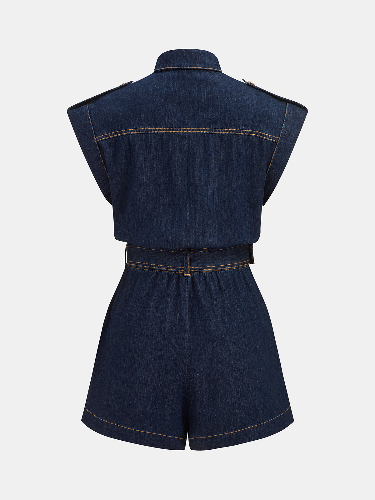 Belted Denim Romper with Epaulet Details Sleeveless