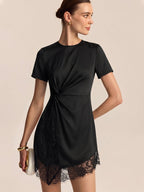 Short Sleeve Dress with Lace Hem and Waist Twist