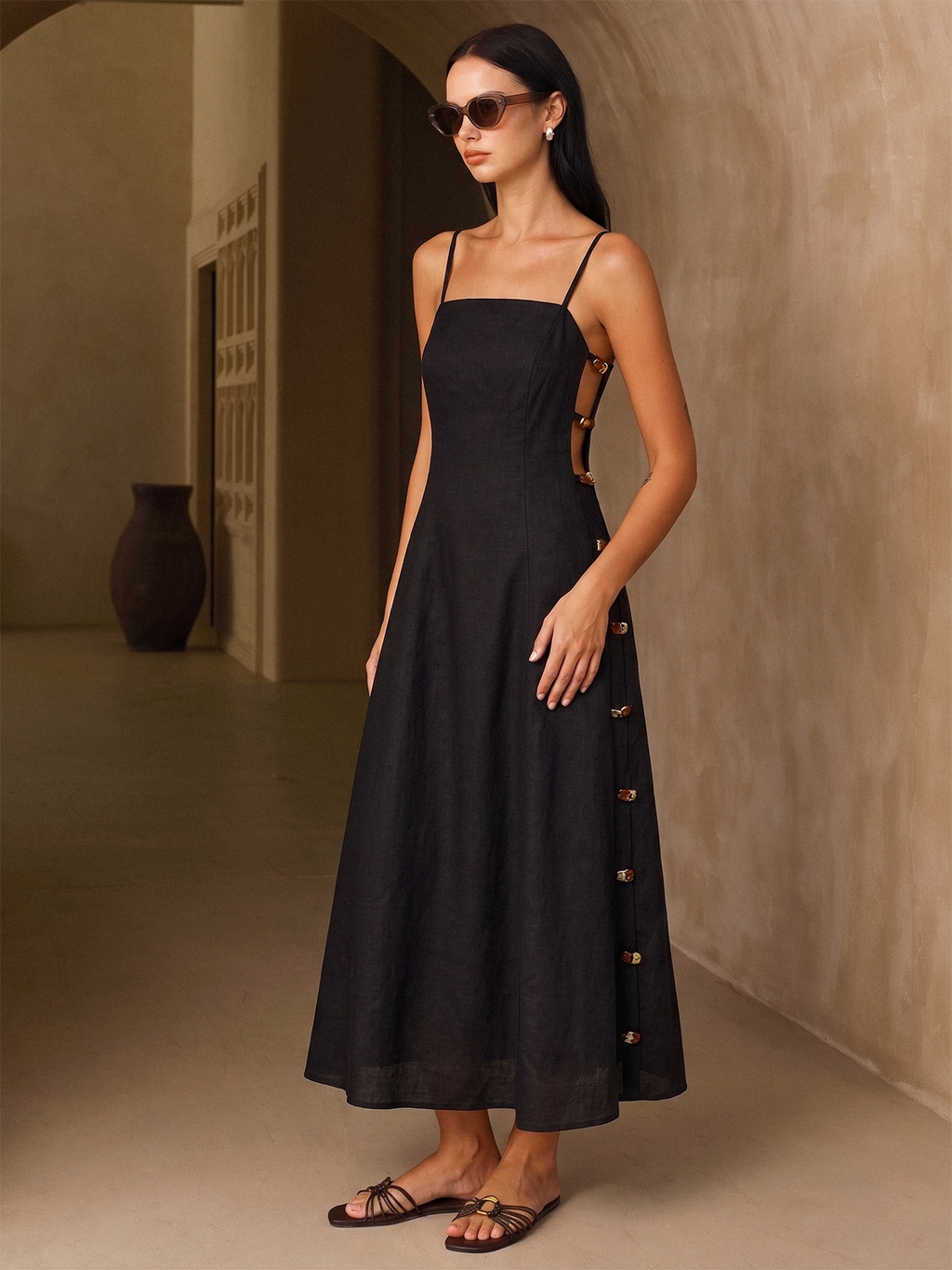 Amber Accented Linen Blend Cami Midi Dress