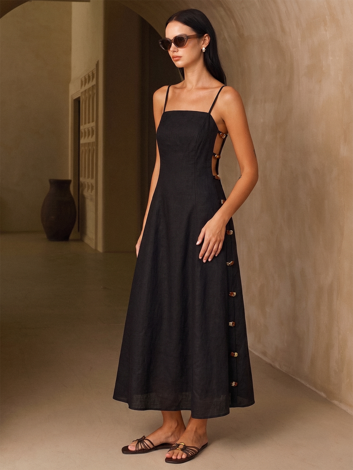 Amber Detail Linen-Blend Cami Midi Dress