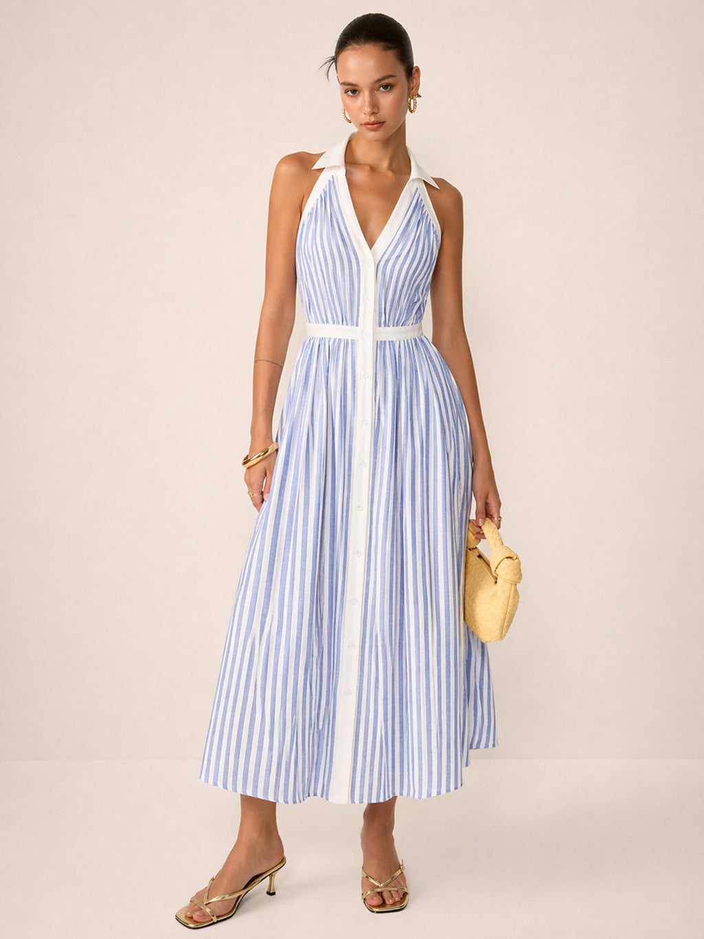 Striped Halter Midi Dress with Cotton Blend Collar