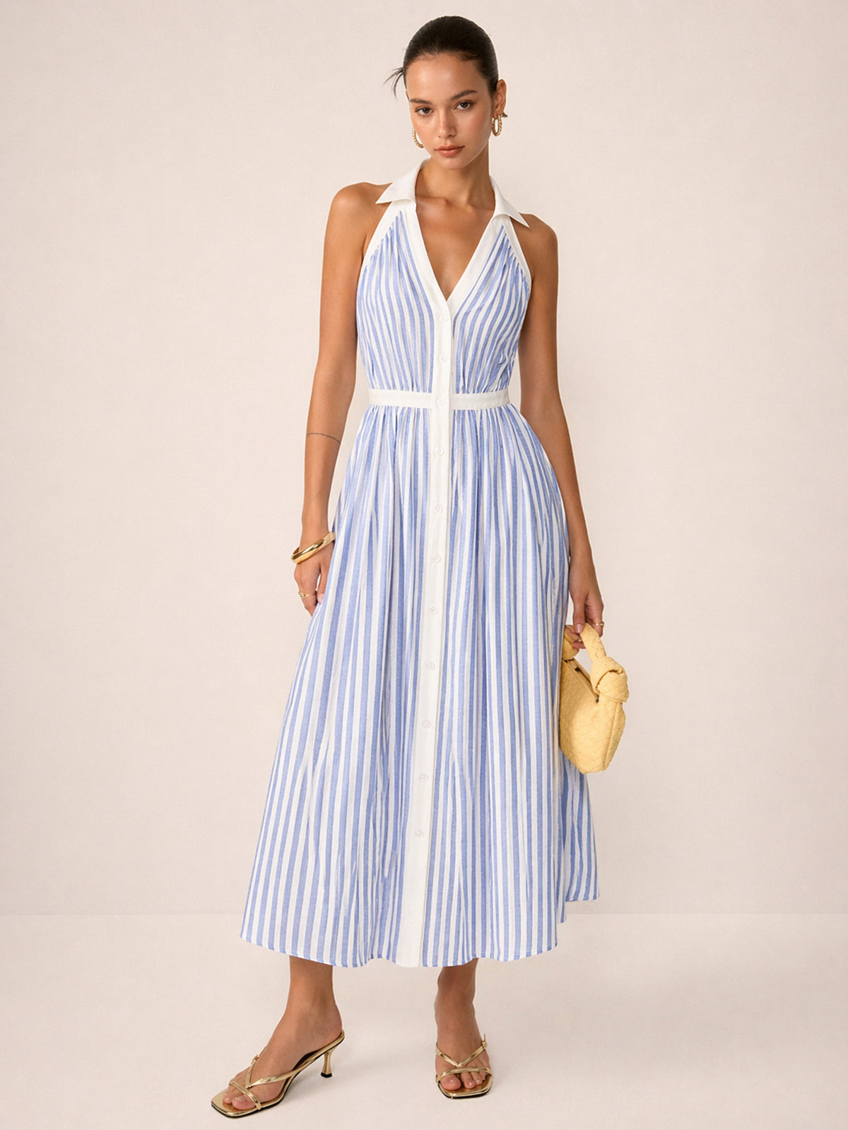 Striped Halter Midi Dress with Cotton Blend Collar