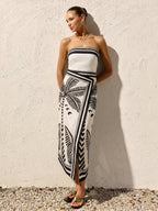 Strapless Maxi Dress with Palm Tree Wrap Design
