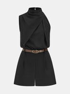 Asymmetric Sleeveless Romper with Tailored Belt
