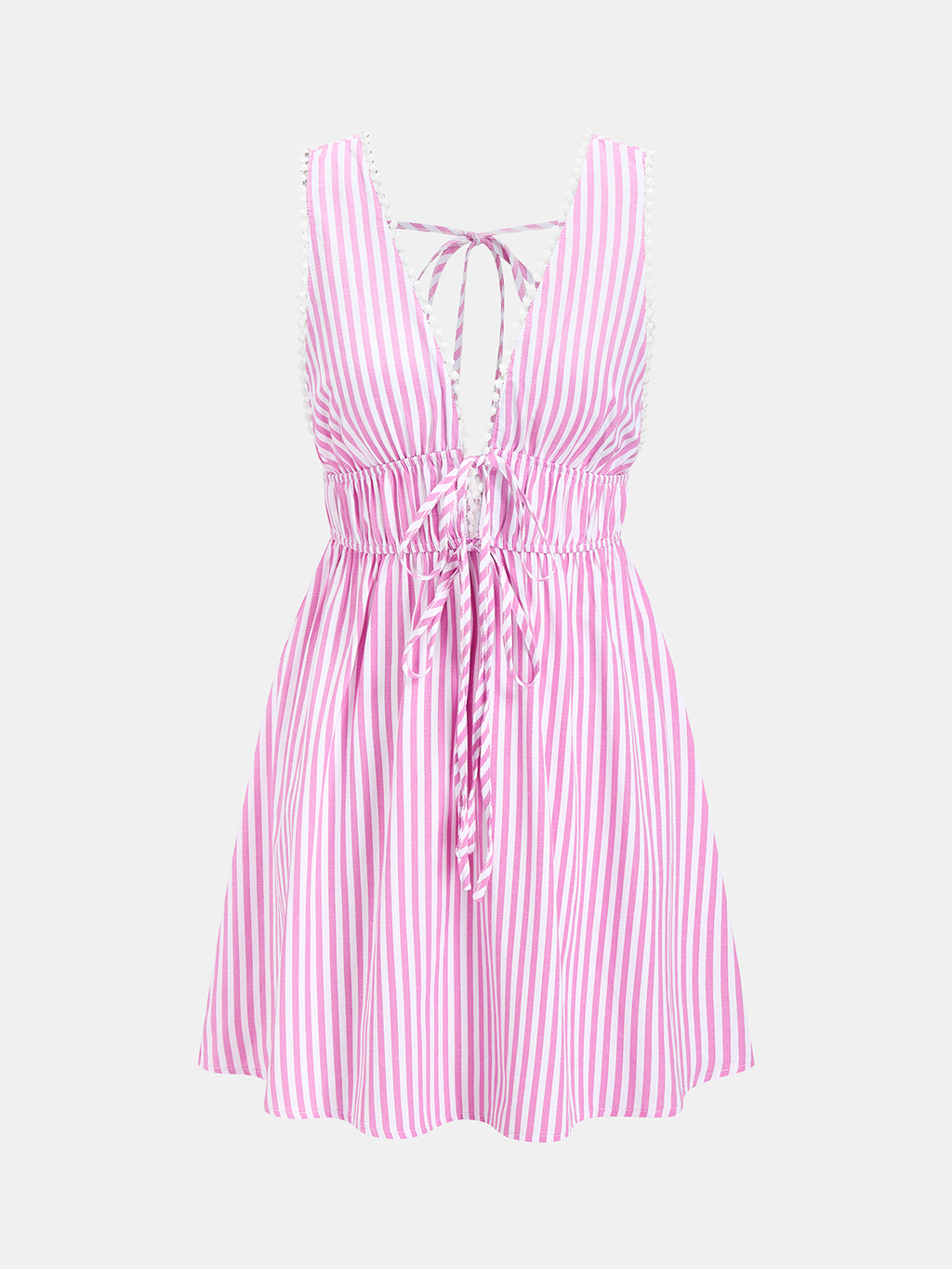 Striped Mini Dress with Lace Trim and Open Back