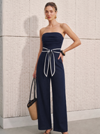 Linen-Blend Strapless Jumpsuit with Tie Waist, Wide Legs