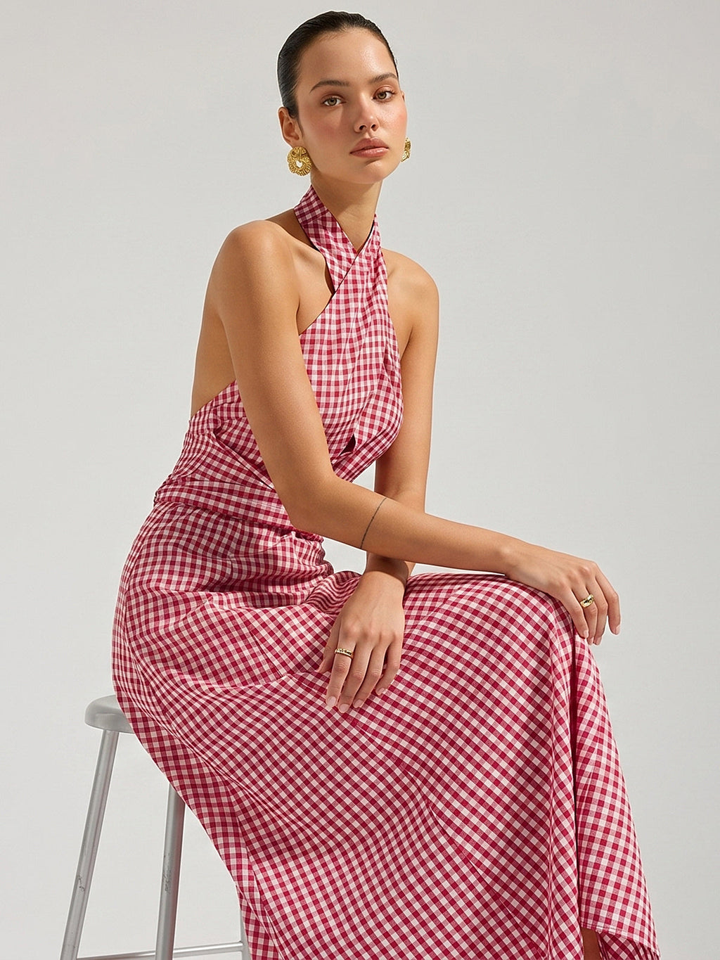 Cotton Gingham Halterneck Maxi Dress