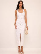 Denim Halter Dress with Button-Front Maxi Design