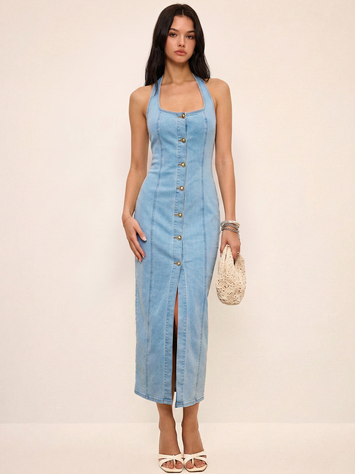 Denim Maxi Dress with Halter Neck and Buttons