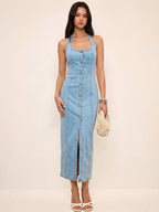 Denim Halter Dress with Button-Front Maxi Design