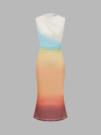 Gradient Mesh Backless Floor-Length Evening Gown