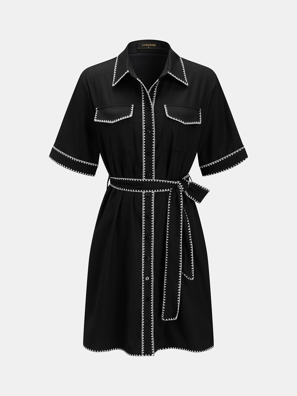 Contrast Stitch Belted Dress with Shirt Details