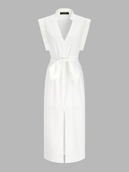 Cotton-Linen V-Neck Dress with Sleeveless Bow Split