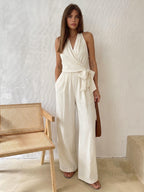 Halter Neck Jumpsuit with Tie Waist and Wide Legs