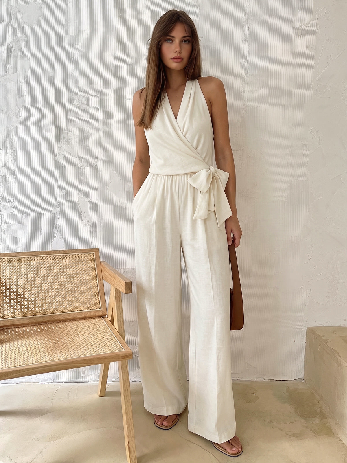 Halter Neck Jumpsuit with Tie Waist and Wide Legs