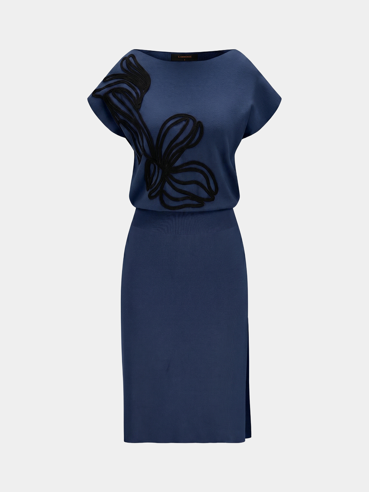 Embroidered 3D Flower Applique Knit Dress with Short Sleeves