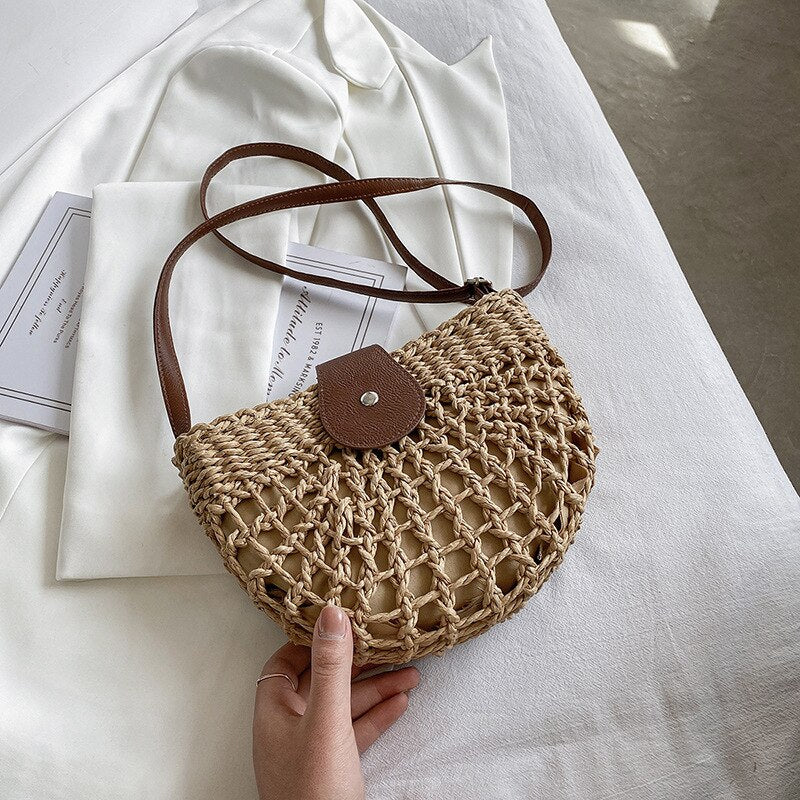 Wicker Half Moon Bag