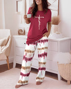 Letter Print Tee and Tie-Dye Pants Cozy Pajama Set