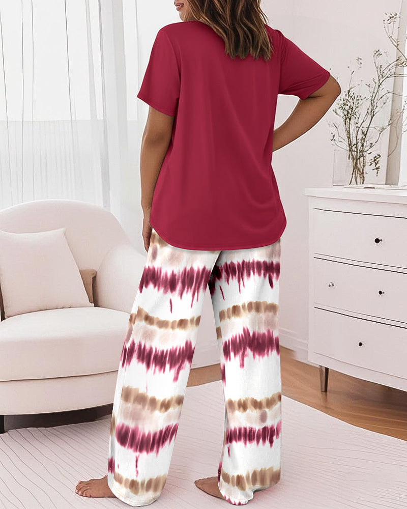 Letter Print Tee and Tie-Dye Pants Cozy Pajama Set