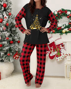 Plaid and Christmas Tree Print Long Sleeve Pajama Set