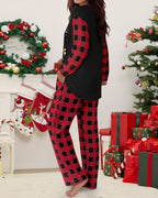 Plaid and Christmas Tree Print Long Sleeve Pajama Set