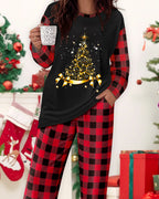 Plaid and Christmas Tree Print Long Sleeve Pajama Set