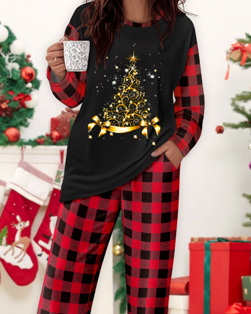 Plaid and Christmas Tree Print Long Sleeve Pajama Set