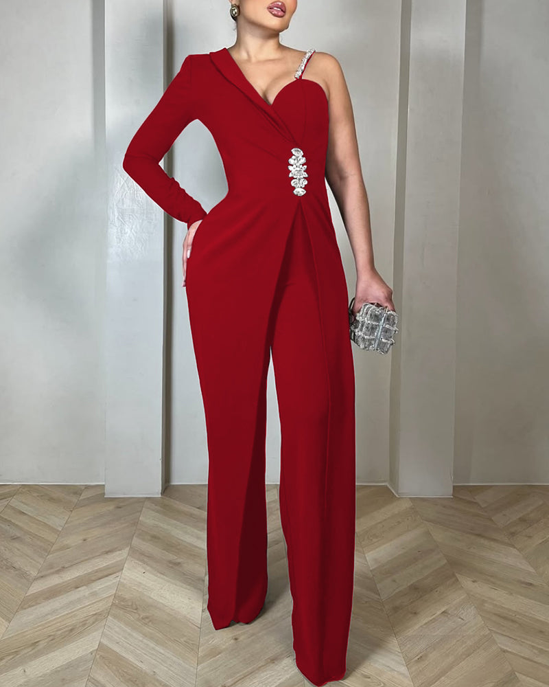 One-Shoulder Rhinestone Jumpsuit with Long Sleeve and Flared Leg