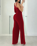 One-Shoulder Rhinestone Jumpsuit with Long Sleeve and Flared Leg