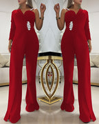 One-Shoulder Rhinestone Jumpsuit with Long Sleeve and Flared Leg