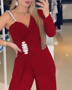 One-Shoulder Rhinestone Jumpsuit with Long Sleeve and Flared Leg