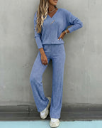 2-Piece V-Neck Button Top and Straight Leg Casual Pants Set