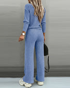 2-Piece V-Neck Button Top and Straight Leg Casual Pants Set