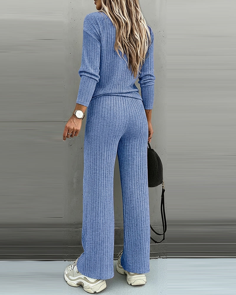 2-Piece V-Neck Button Top and Straight Leg Casual Pants Set