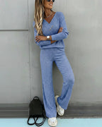 2-Piece V-Neck Button Top and Straight Leg Casual Pants Set