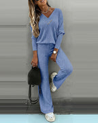 2-Piece V-Neck Button Top and Straight Leg Casual Pants Set