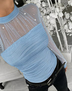 Pearl-Embellished Mesh-Inset Ruched Tee with Open-Back Detail
