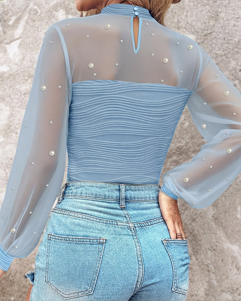 Pearl-Embellished Mesh-Inset Ruched Tee with Open-Back Detail