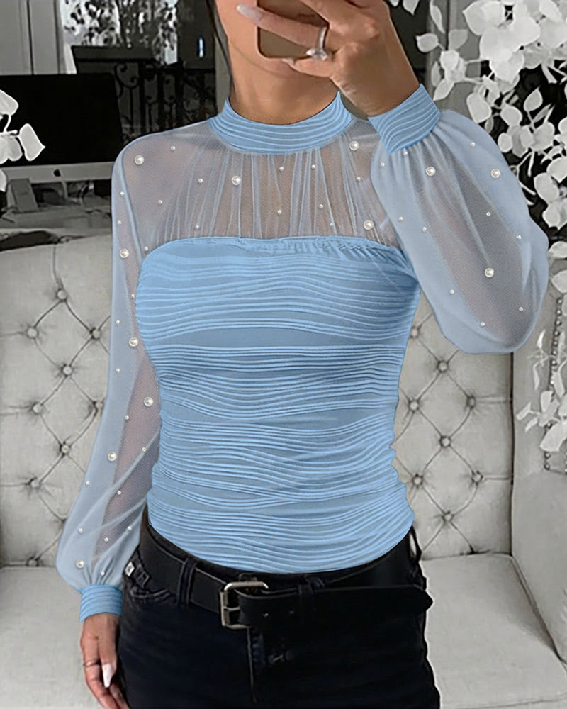 Pearl-Embellished Mesh-Inset Ruched Tee with Open-Back Detail