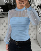 Pearl-Embellished Mesh-Inset Ruched Tee with Open-Back Detail