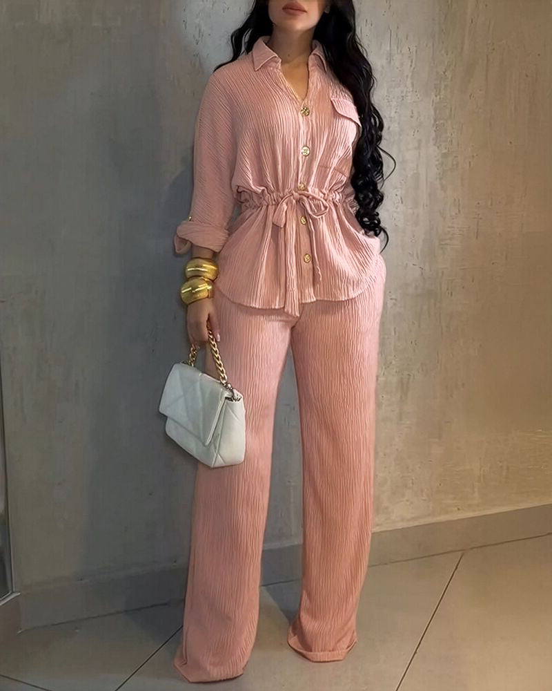 Vintage 2-Piece Set: Drawstring Top and Wide-Leg Pants