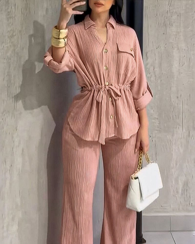 Vintage 2-Piece Set: Drawstring Top and Wide-Leg Pants