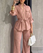 Vintage 2-Piece Set: Drawstring Top and Wide-Leg Pants