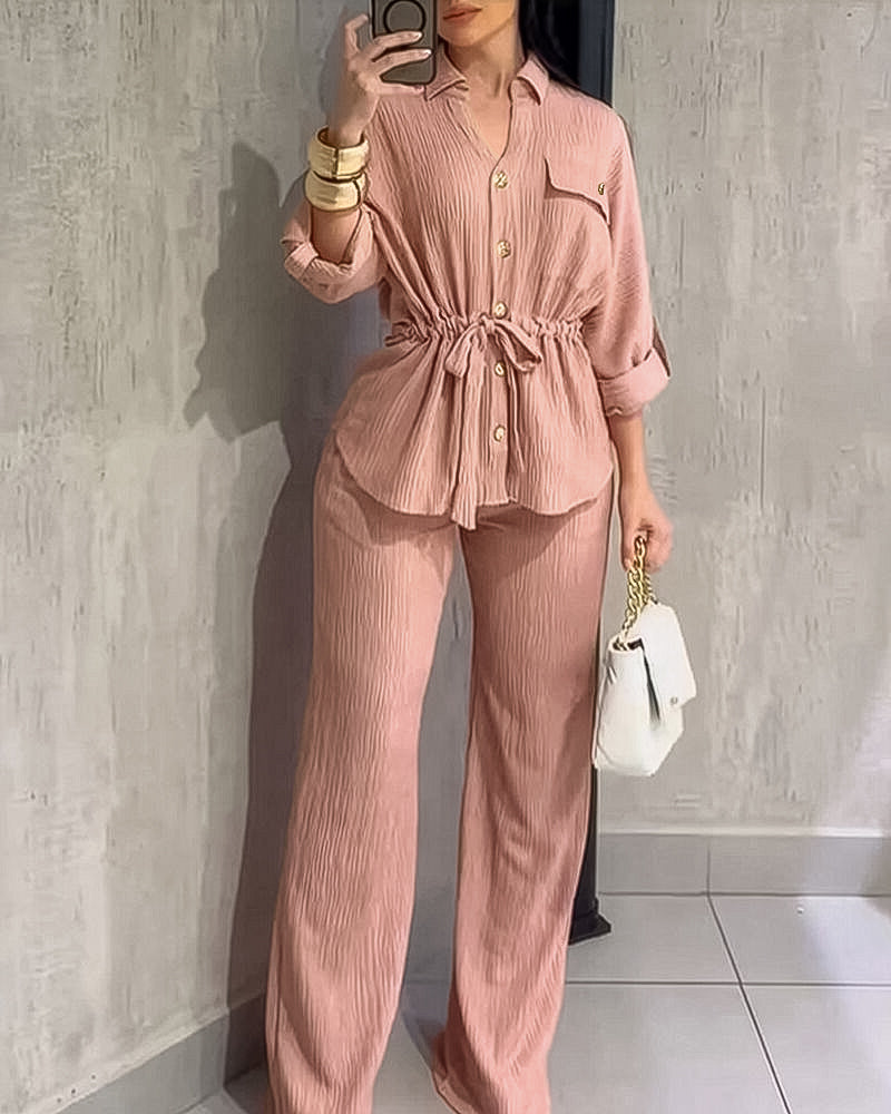 Vintage 2-Piece Set: Drawstring Top and Wide-Leg Pants
