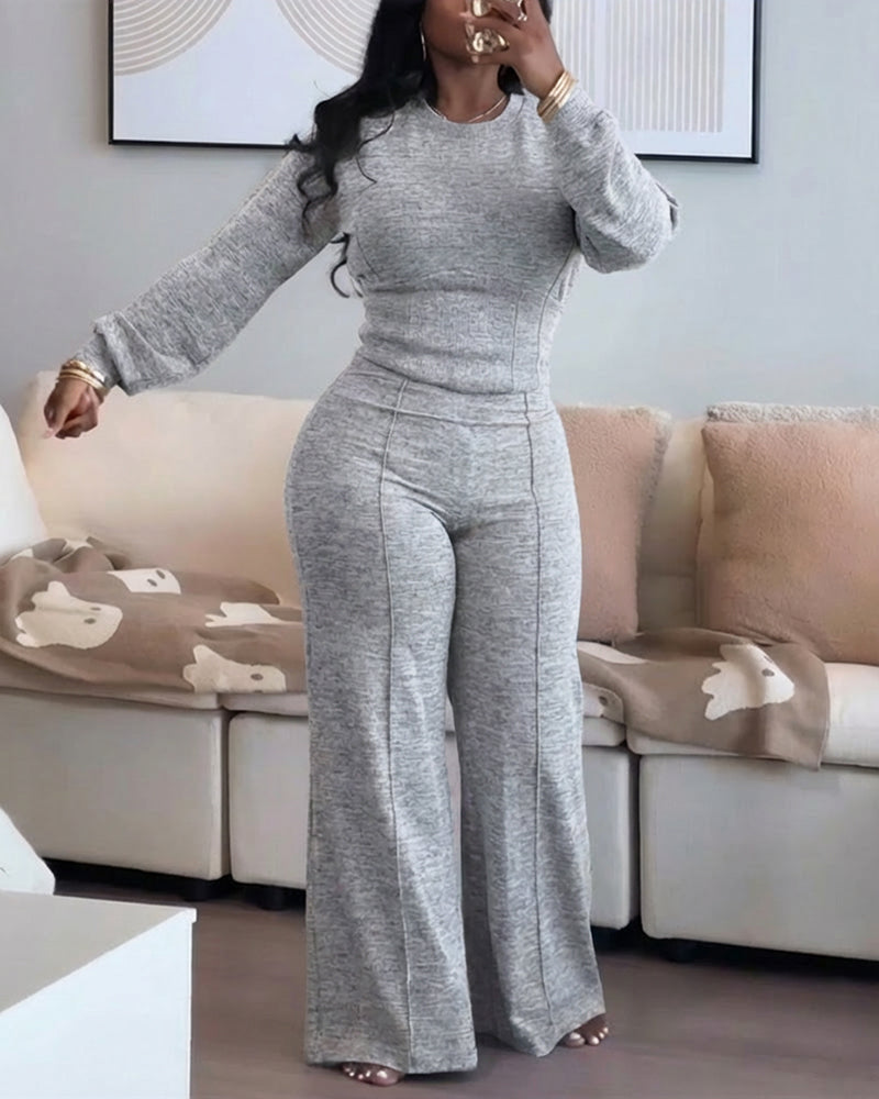 2-Piece O-Neck Sweatshirt and Wide-Leg Pants Set with Cinched Waist