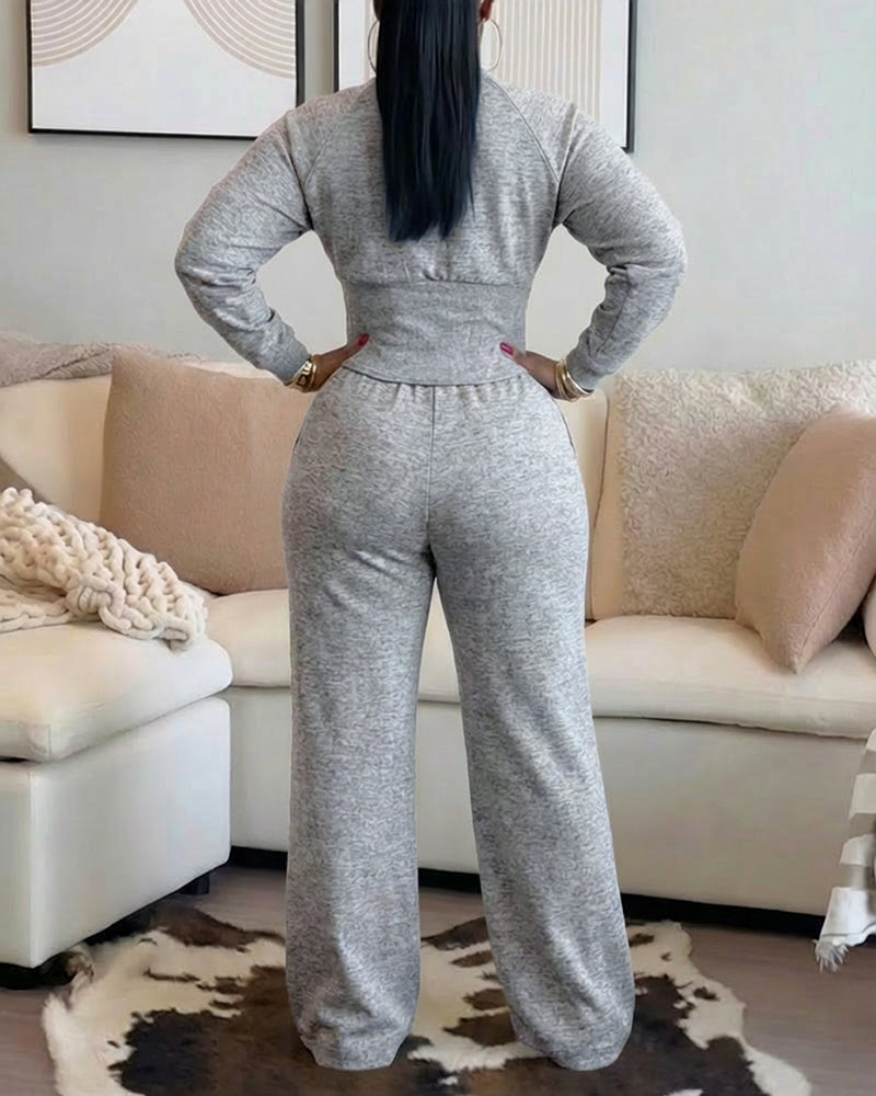 2-Piece O-Neck Sweatshirt and Wide-Leg Pants Set with Cinched Waist
