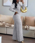 2-Piece O-Neck Sweatshirt and Wide-Leg Pants Set with Cinched Waist